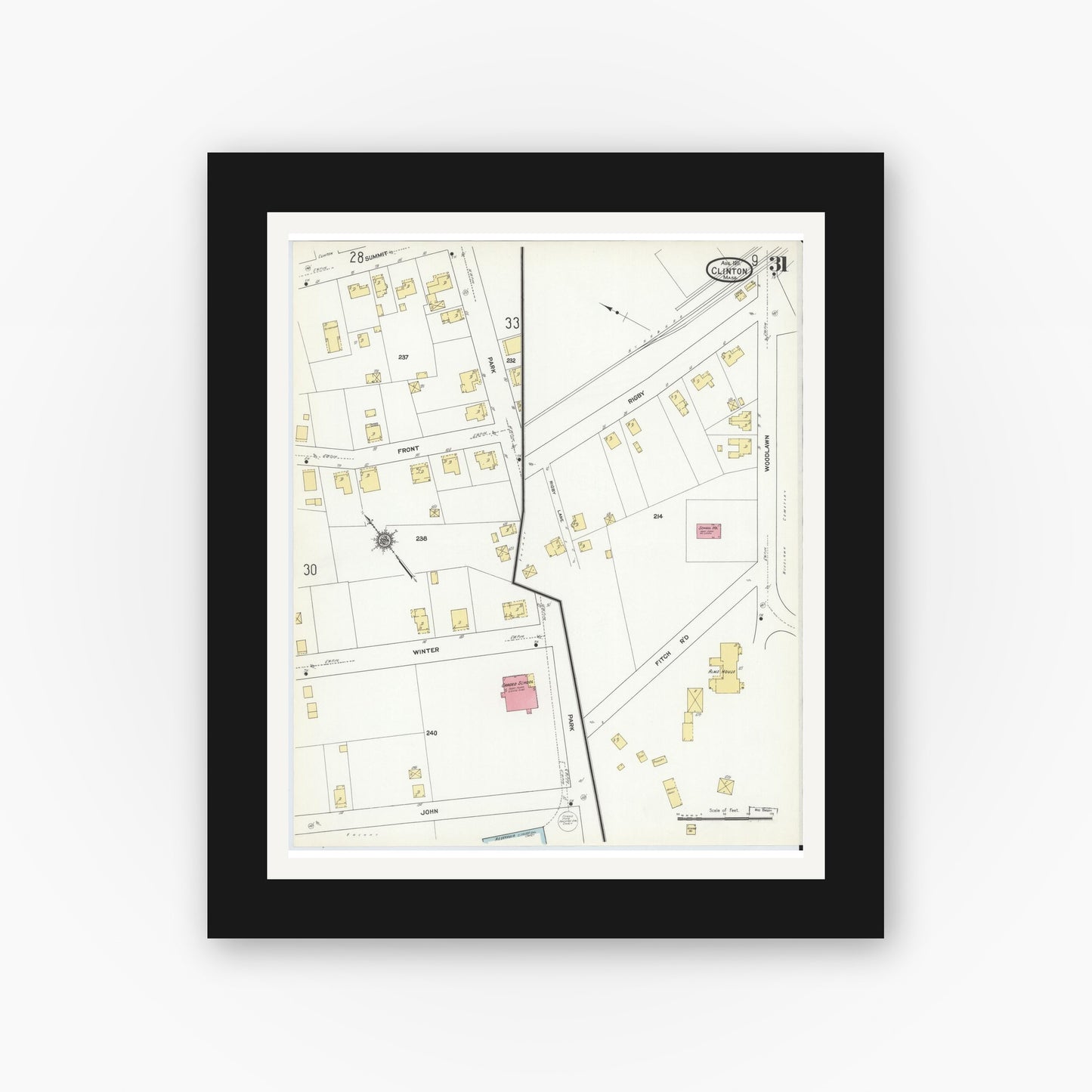 Old map wall art mockup — black gallery frame with white mat — Sanborn Fire Insurance Map from Clinton, Worcester County, Massachusetts (1911), Sheet #0031