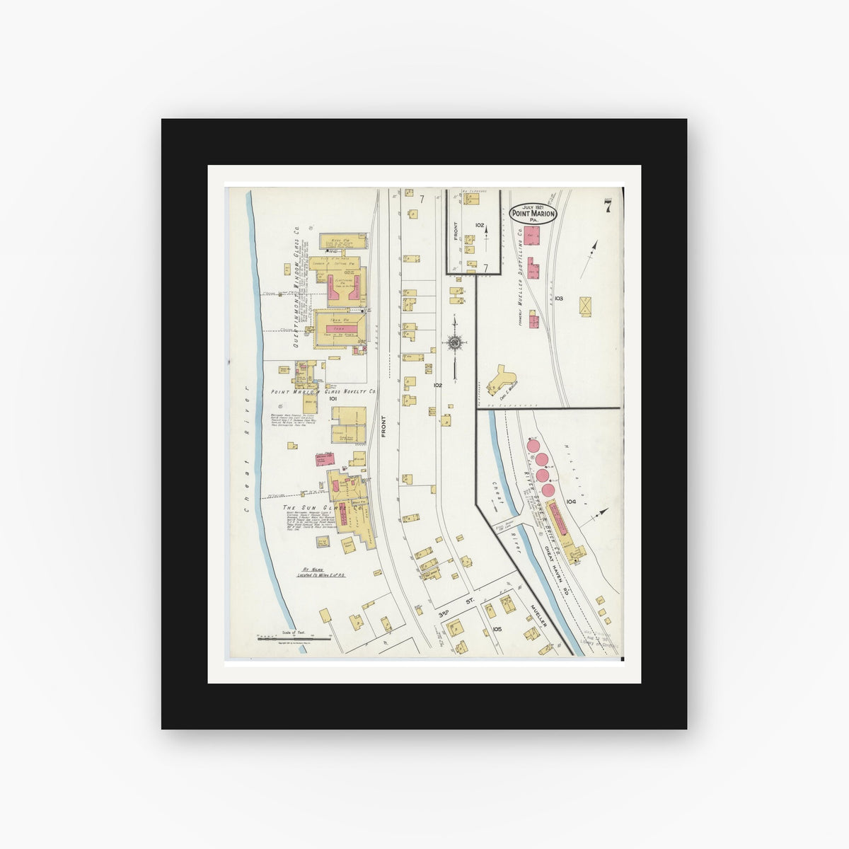 Old map wall art mockup — black gallery frame with white mat — Sanborn Fire Insurance Map from Point Marion, Fayette County, Pennsylvania (1921), Sheet #0007