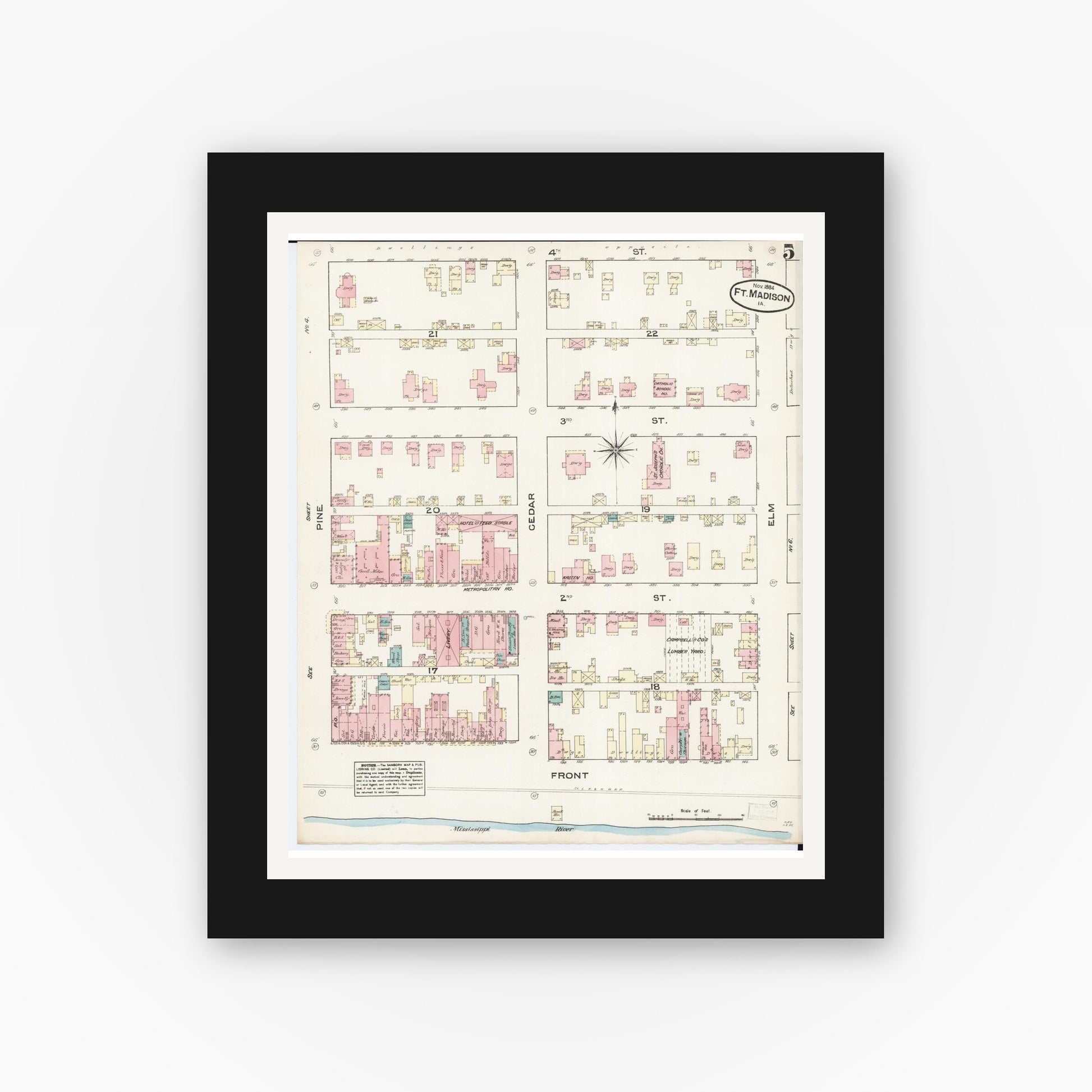Old map wall art mockup — black gallery frame with white mat — Sanborn Fire Insurance Map from Fort Madison, Lee County, Iowa (1884), Sheet #0005