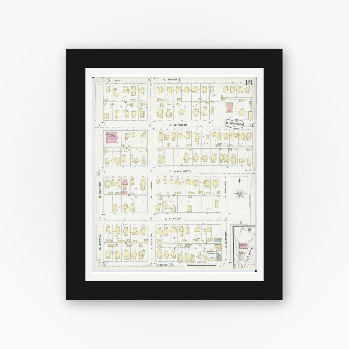Old map wall art mockup — black gallery frame with white mat — Sanborn Fire Insurance Map from Bloomington, McLean County, Illinois (1896), Sheet #0013