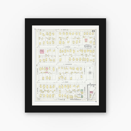 Old map wall art mockup — black gallery frame with white mat — Sanborn Fire Insurance Map from Bloomington, McLean County, Illinois (1896), Sheet #0013