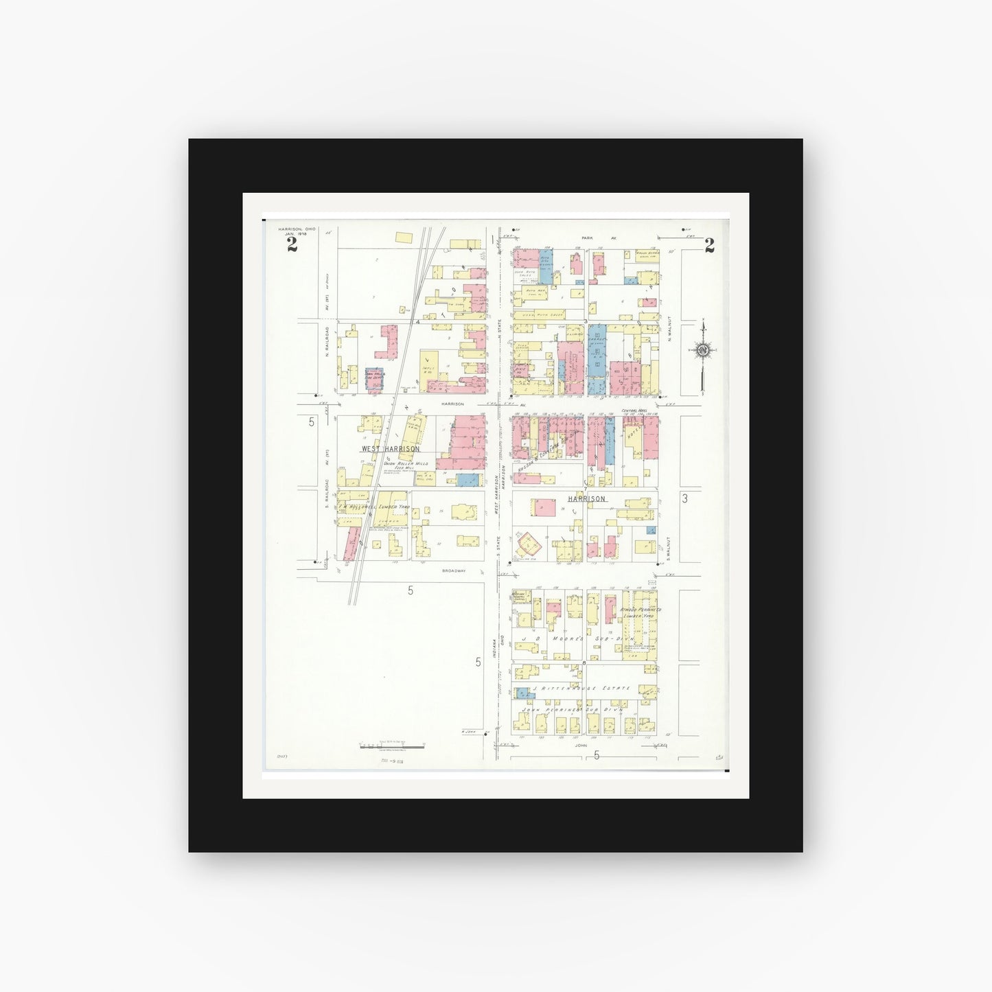 Old map wall art mockup — black gallery frame with white mat — Sanborn Fire Insurance Map from Harrison, Hamilton County, Ohio (1938), Sheet #0002