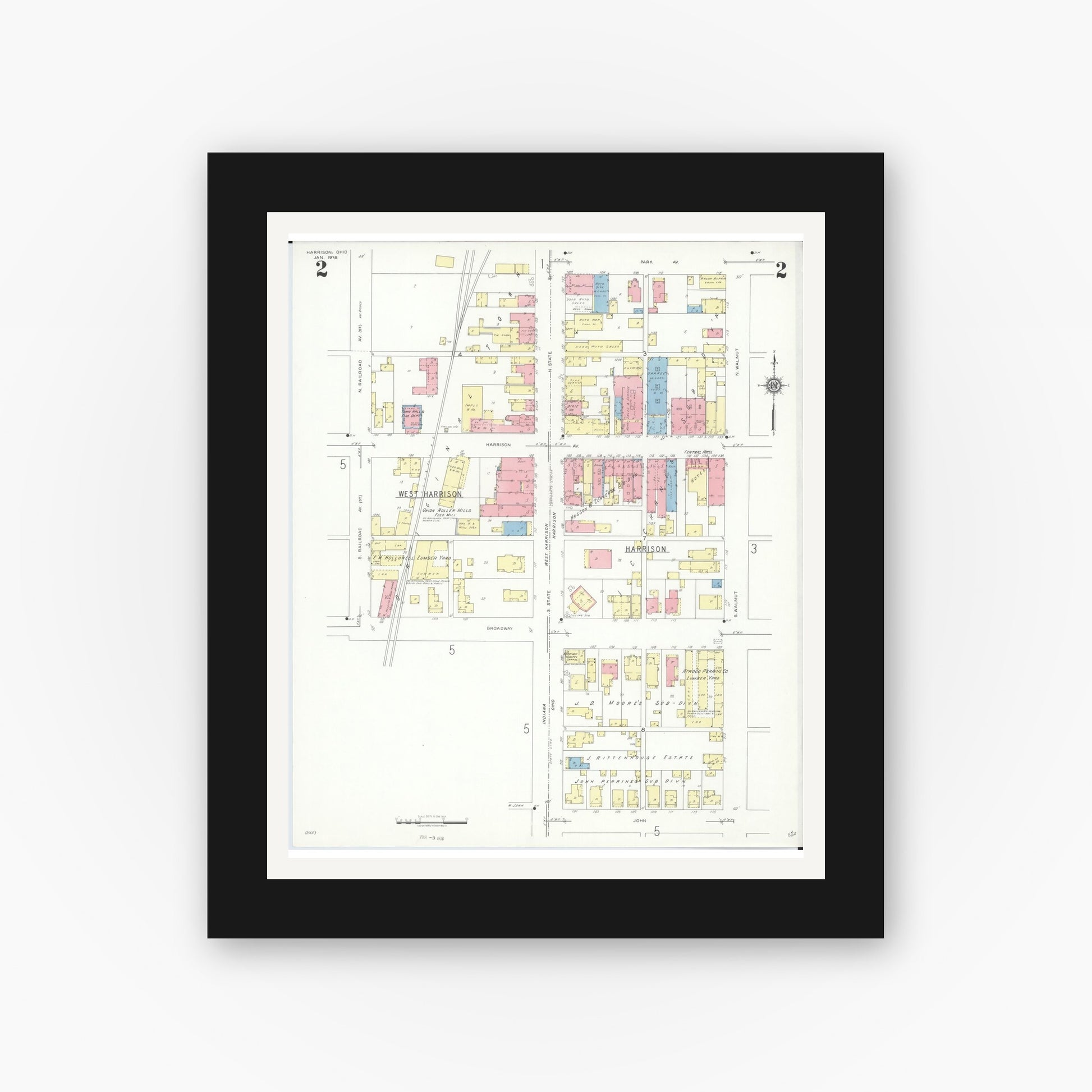 Old map wall art mockup — black gallery frame with white mat — Sanborn Fire Insurance Map from Harrison, Hamilton County, Ohio (1938), Sheet #0002