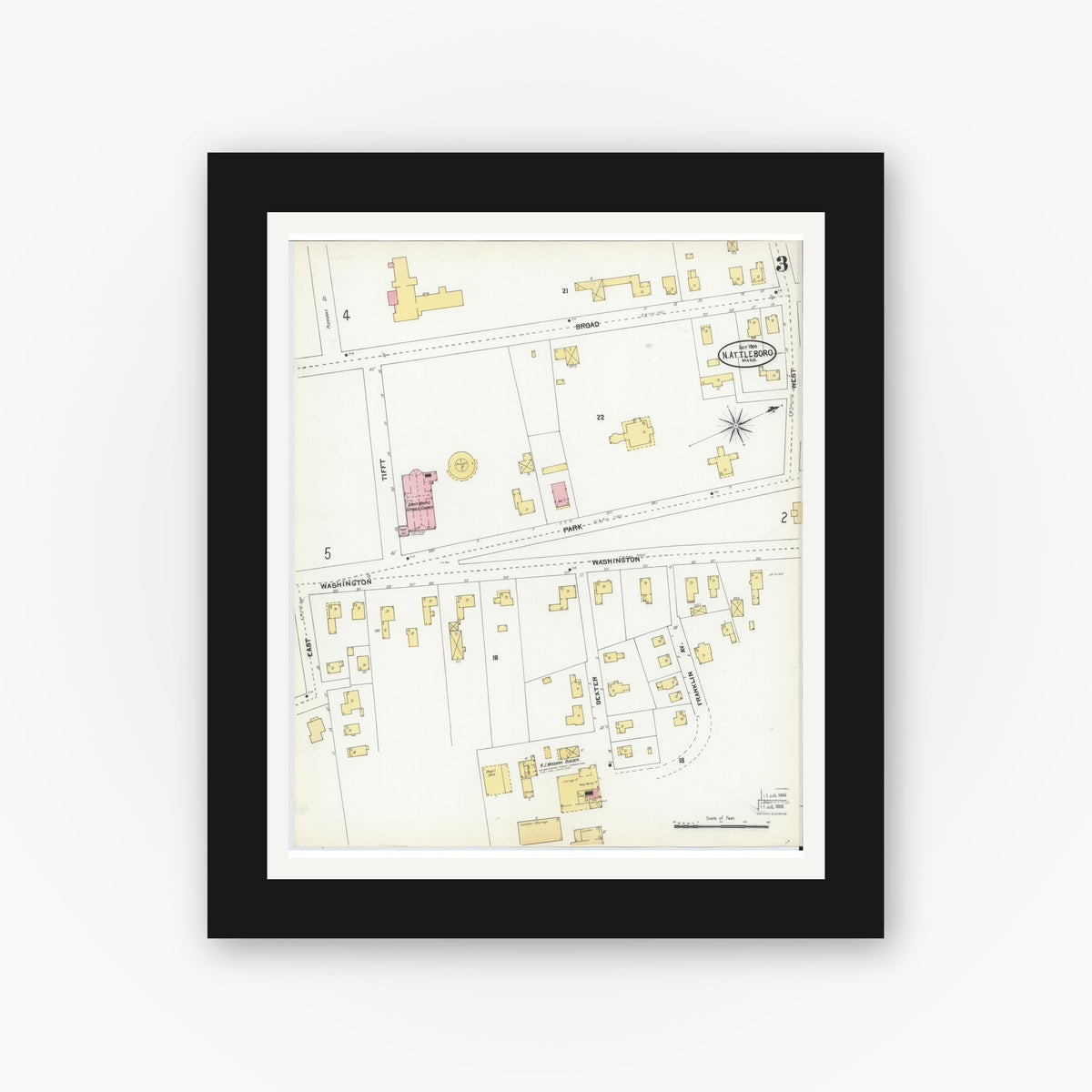 Old map wall art mockup — black gallery frame with white mat — Sanborn Fire Insurance Map from North Attleborough, Bristol County, Massachusetts (1904), Sheet #0003