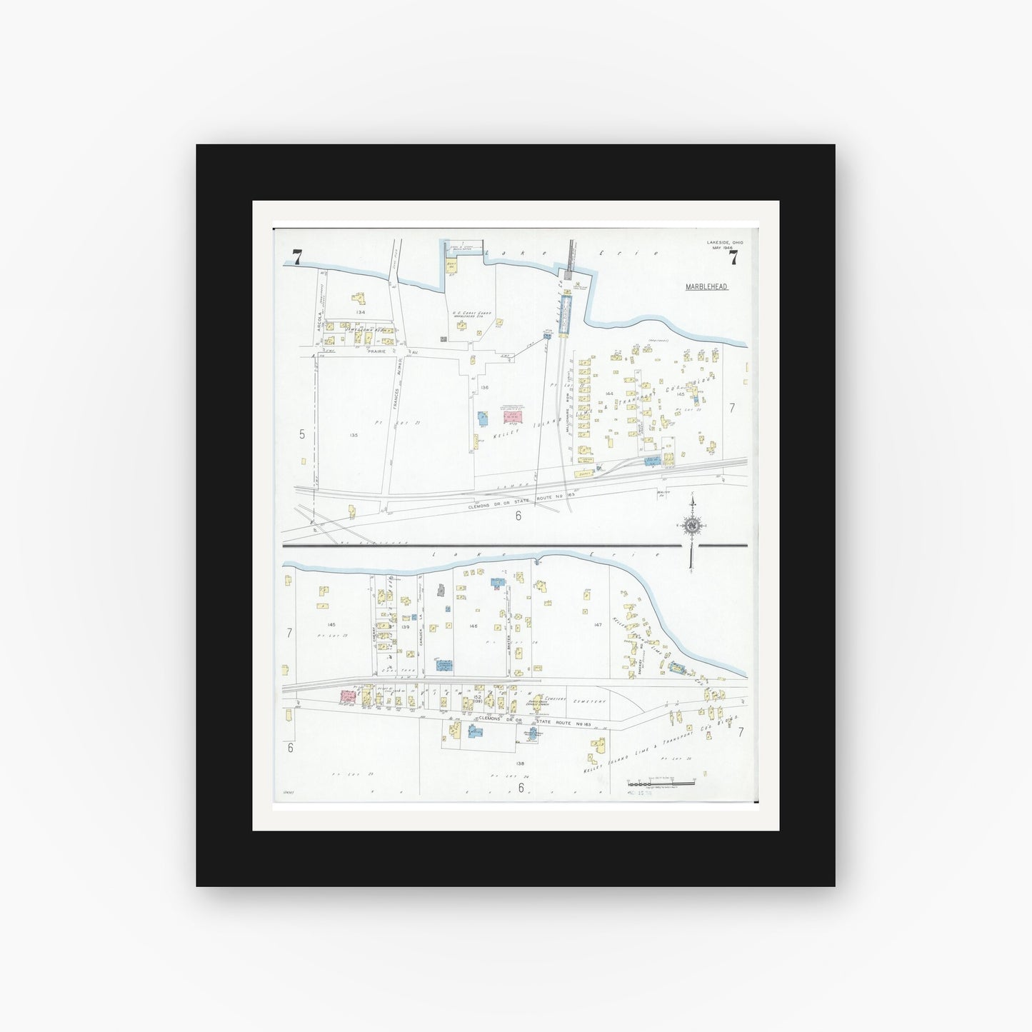 Old map wall art mockup — black gallery frame with white mat — Sanborn Fire Insurance Map from Lakeside, Ottawa County, Ohio (1946), Sheet #0007