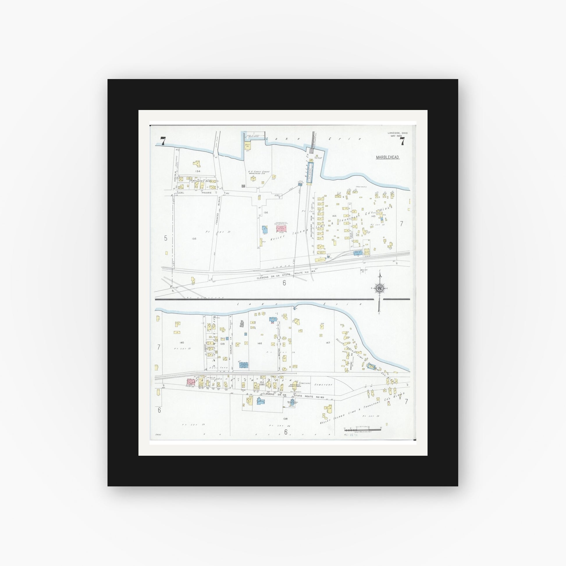 Old map wall art mockup — black gallery frame with white mat — Sanborn Fire Insurance Map from Lakeside, Ottawa County, Ohio (1946), Sheet #0007