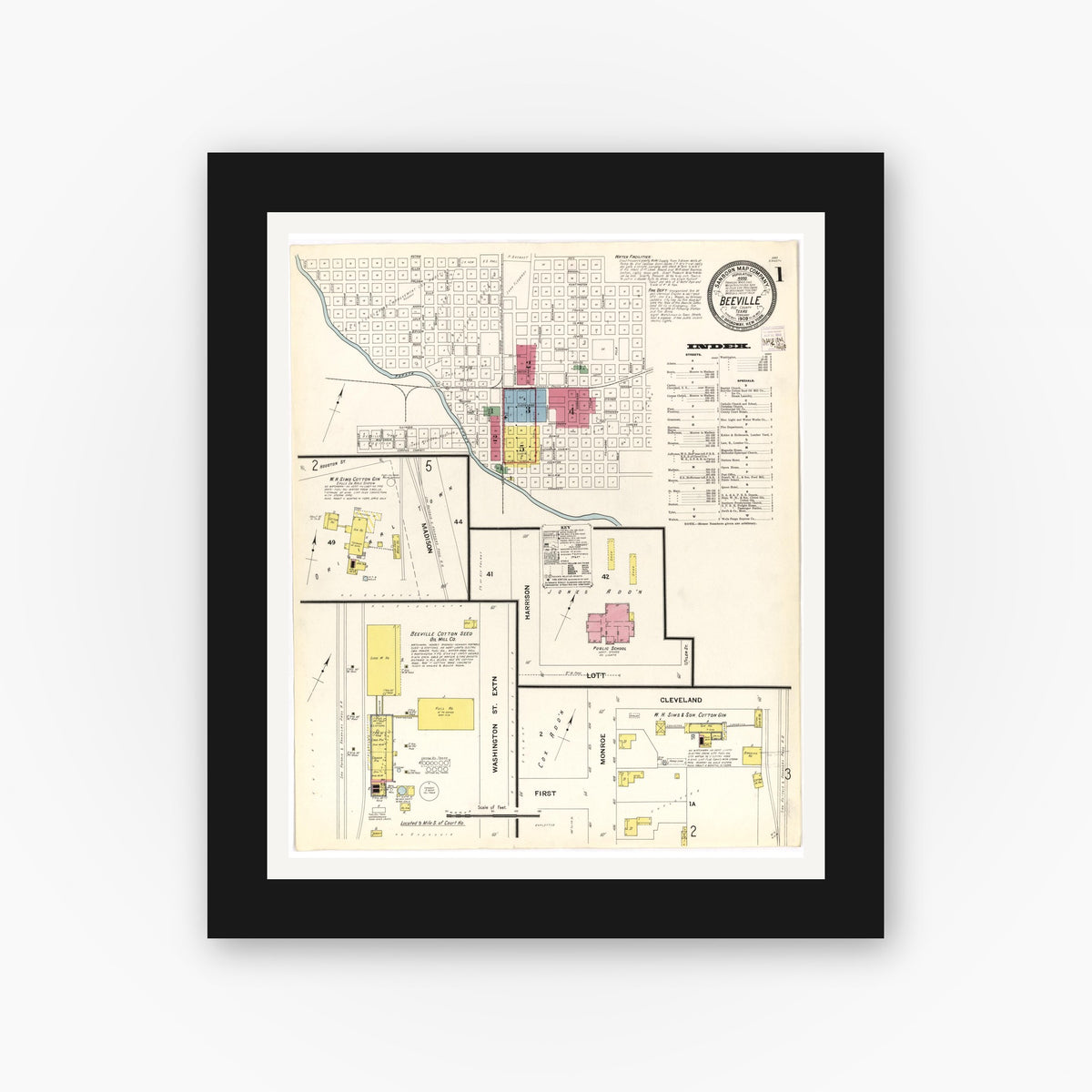 Old map wall art mockup — black gallery frame with white mat — Sanborn Fire Insurance Map from Beeville, Bee County, Texas (1909), Sheet #0001