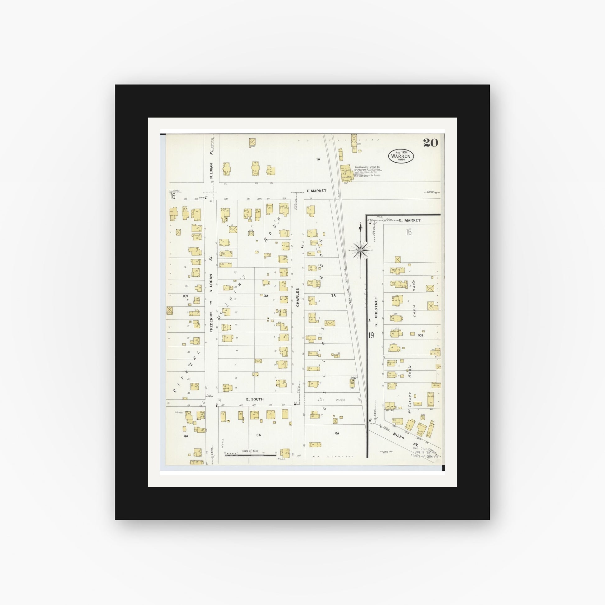 Old map wall art mockup — black gallery frame with white mat — Sanborn Fire Insurance Map from Warren, Trumbull County, Ohio (1908), Sheet #0020