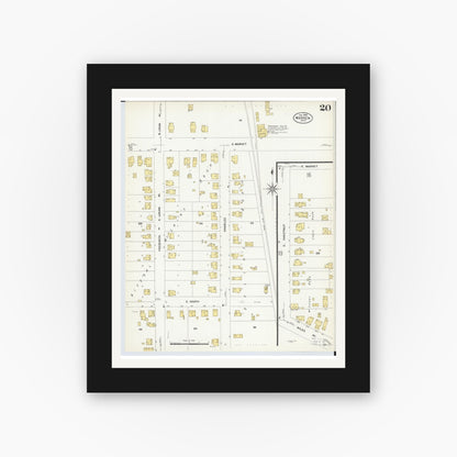 Old map wall art mockup — black gallery frame with white mat — Sanborn Fire Insurance Map from Warren, Trumbull County, Ohio (1908), Sheet #0020