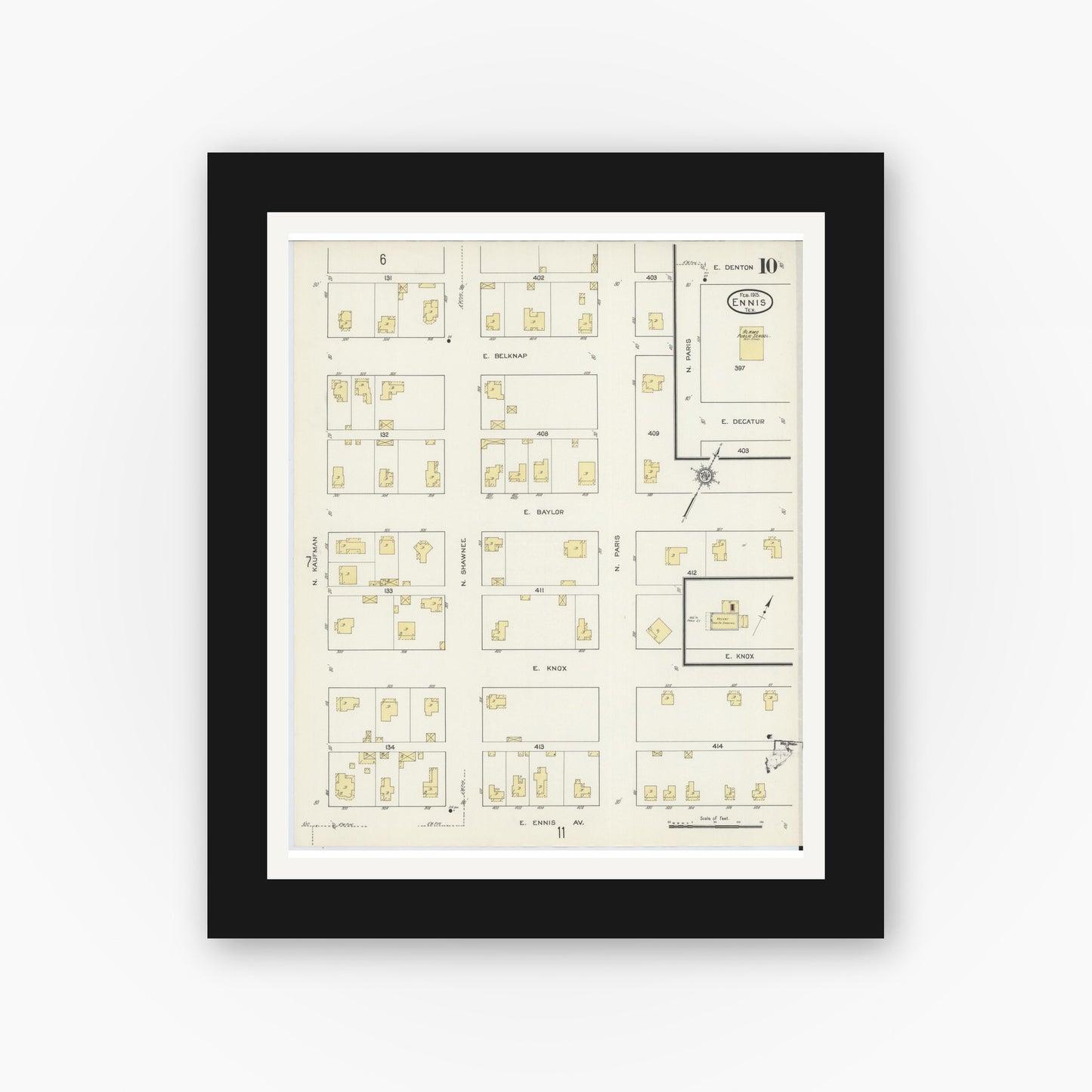 Old map wall art mockup — black gallery frame with white mat — Sanborn Fire Insurance Map from Ennis, Ellis County, Texas (1915), Sheet #0010