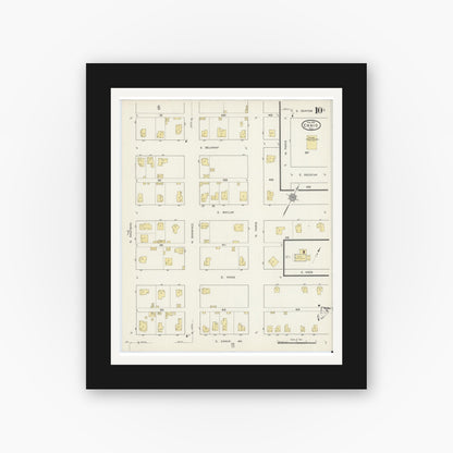 Old map wall art mockup — black gallery frame with white mat — Sanborn Fire Insurance Map from Ennis, Ellis County, Texas (1915), Sheet #0010