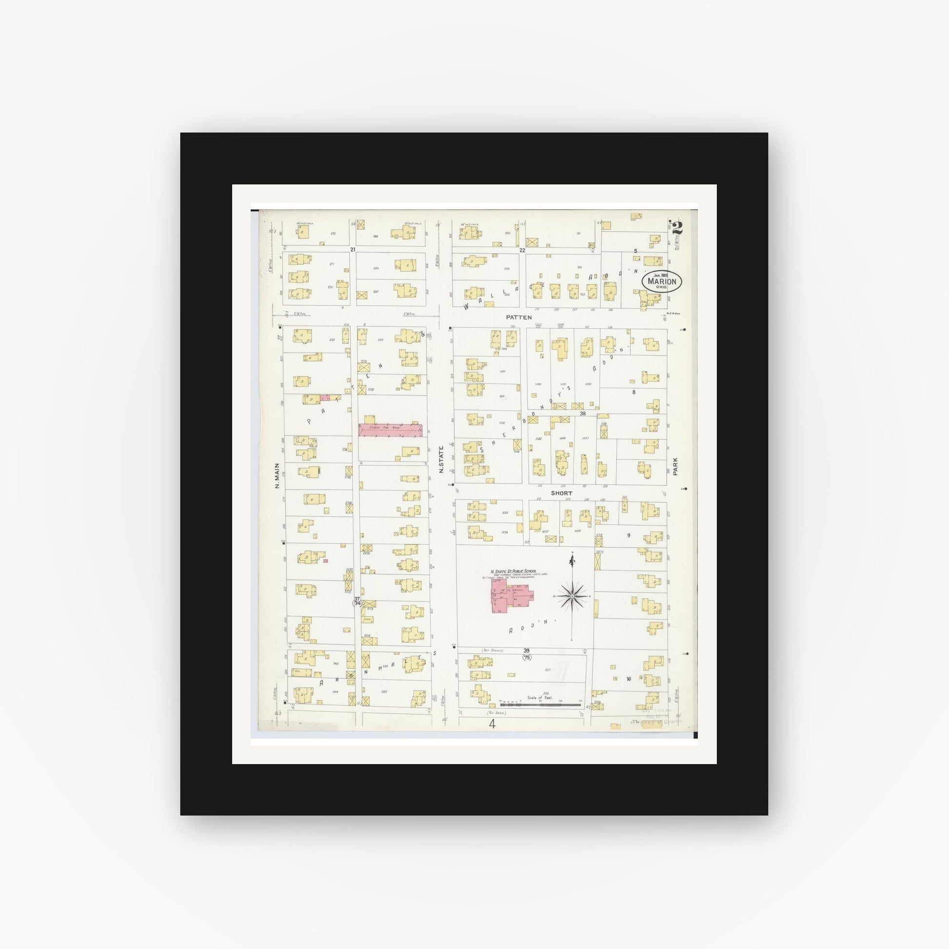 Old map wall art mockup — black gallery frame with white mat — Sanborn Fire Insurance Map from Marion, Marion County, Ohio (1908), Sheet #0002