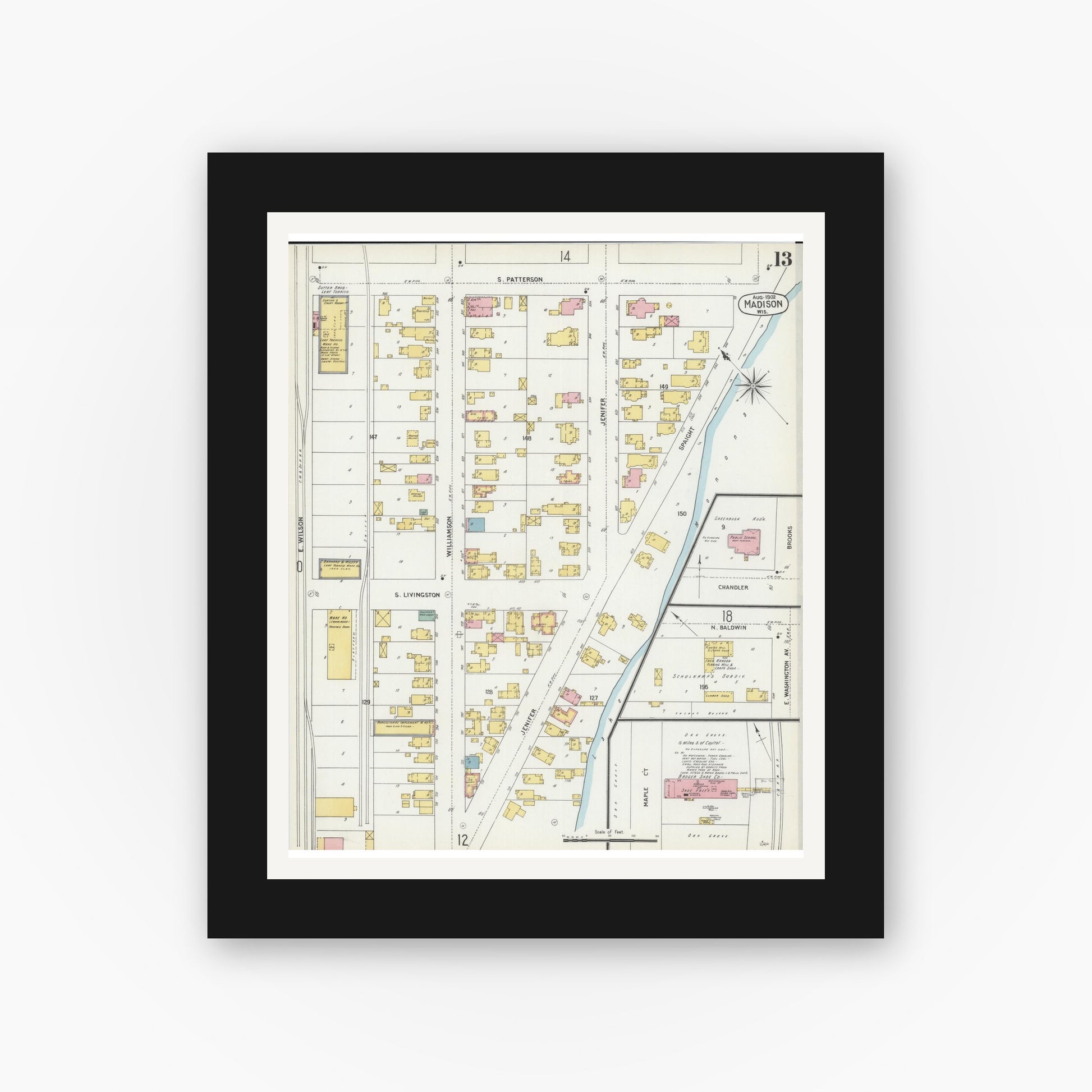 Old map wall art mockup — black gallery frame with white mat — Sanborn Fire Insurance Map from Madison, Dane County, Wisconsin (1902), Sheet #0013