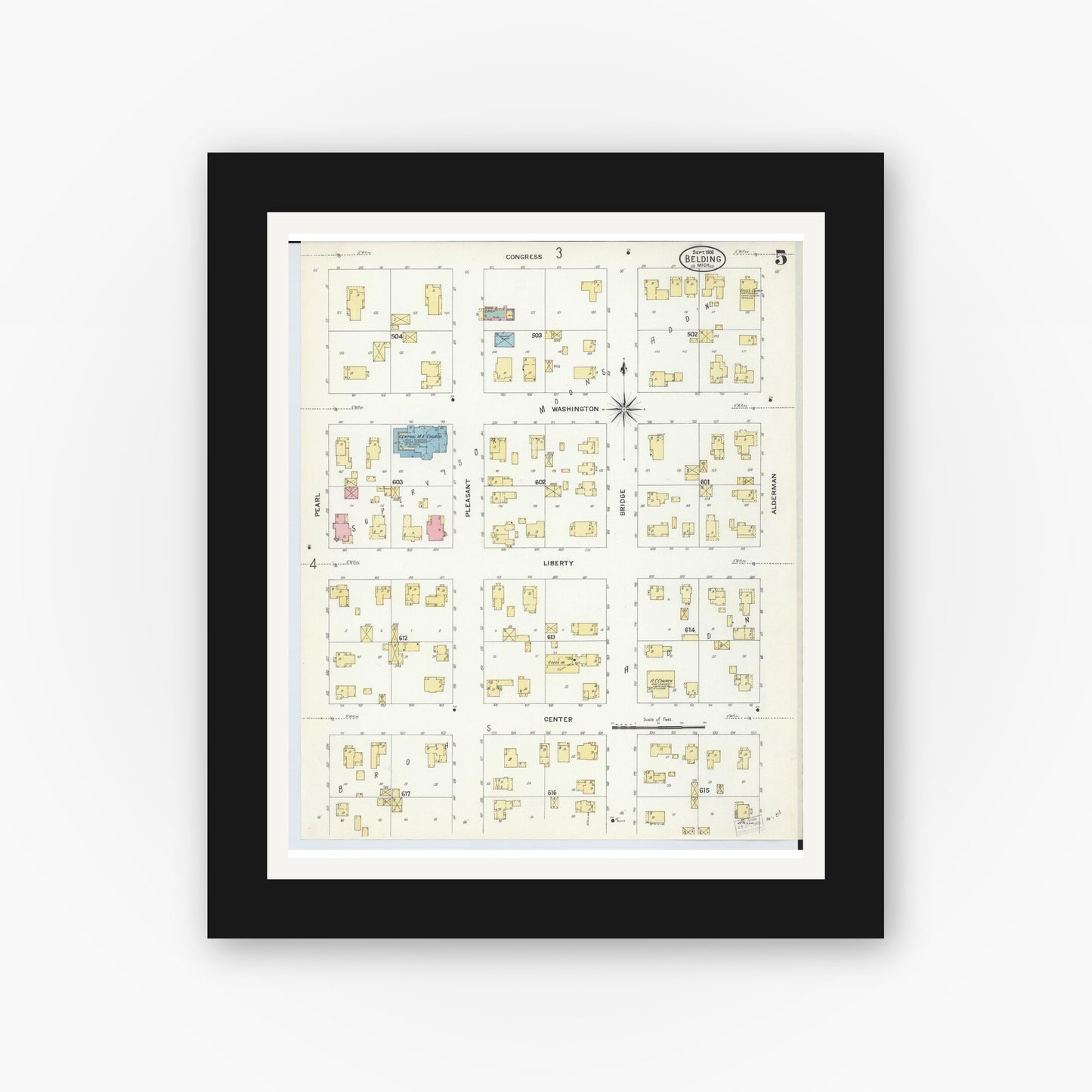 Old map wall art mockup — black gallery frame with white mat — Sanborn Fire Insurance Map from Belding, Ionia County, Michigan (1908), Sheet #0005