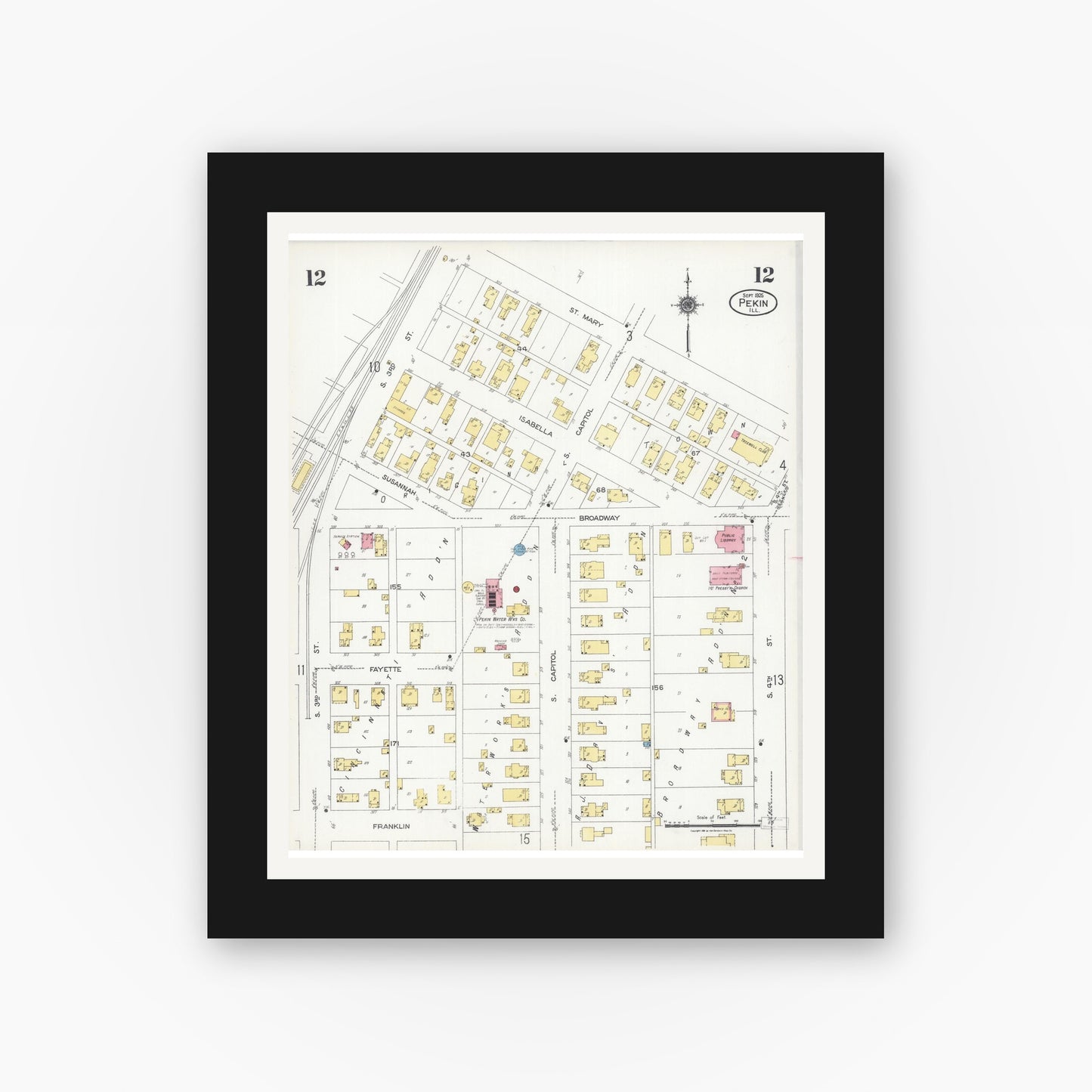 Old map wall art mockup — black gallery frame with white mat — Sanborn Fire Insurance Map from Pekin, Tazewell County, Illinois (1925), Sheet #0012