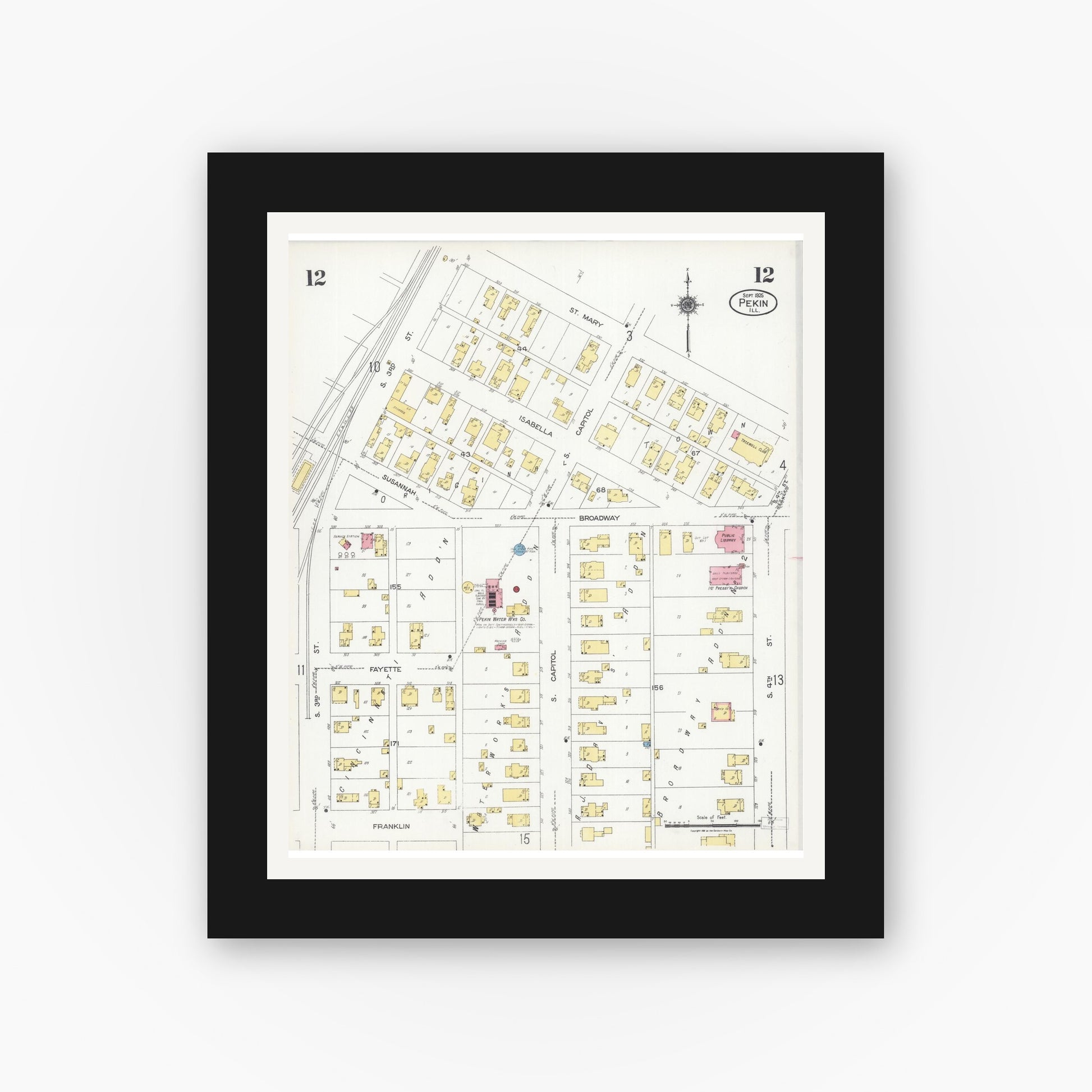 Old map wall art mockup — black gallery frame with white mat — Sanborn Fire Insurance Map from Pekin, Tazewell County, Illinois (1925), Sheet #0012
