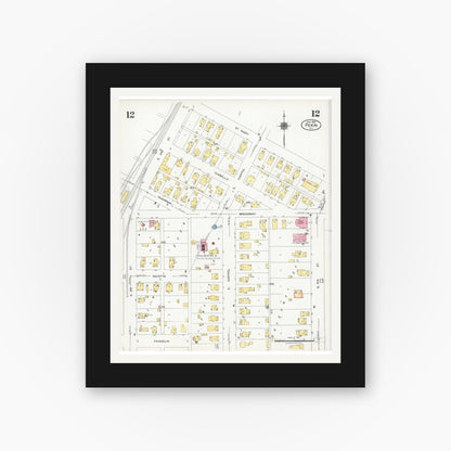 Old map wall art mockup — black gallery frame with white mat — Sanborn Fire Insurance Map from Pekin, Tazewell County, Illinois (1925), Sheet #0012
