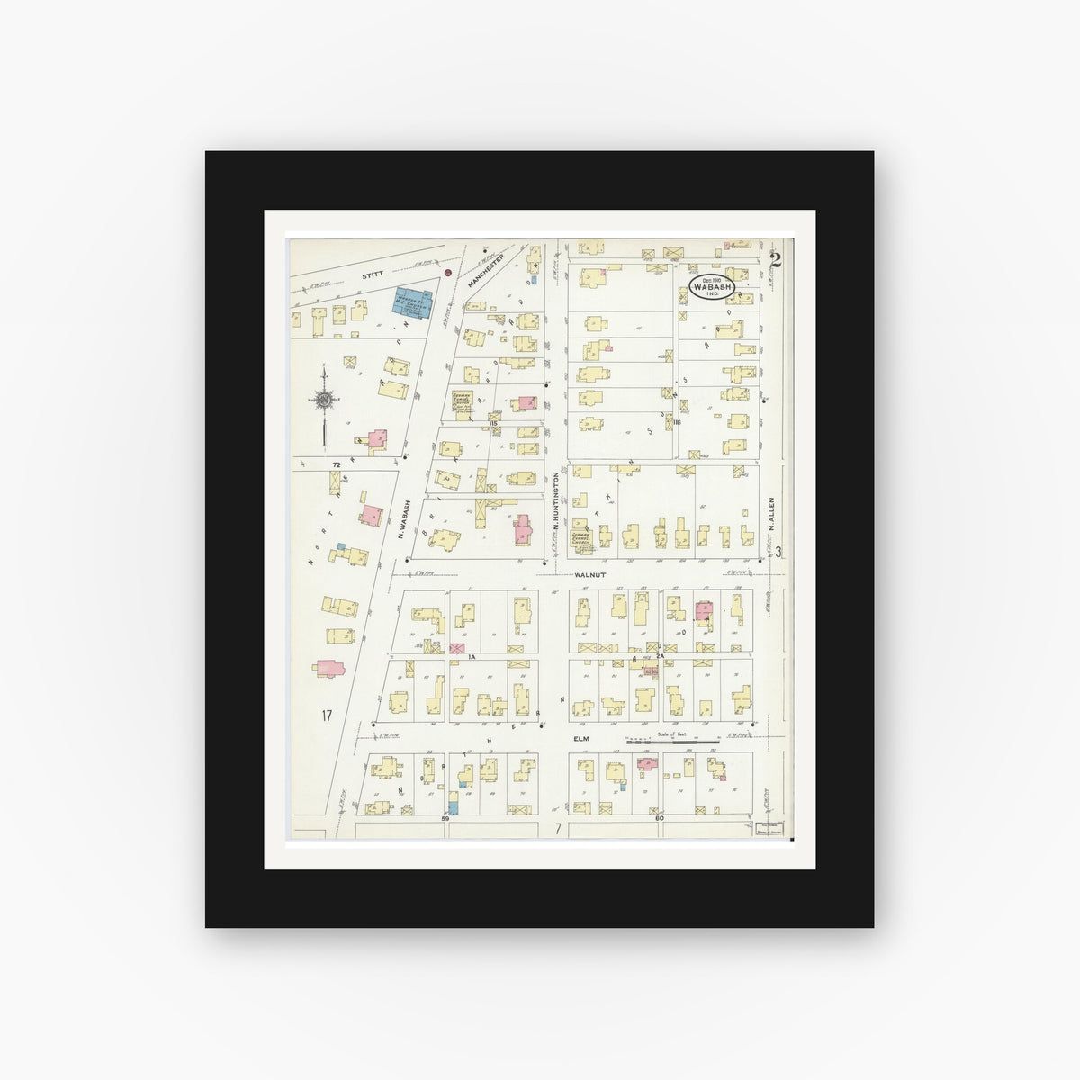 Old map wall art mockup — black gallery frame with white mat — Sanborn Fire Insurance Map from Wabash, Wabash County, Indiana (1910), Sheet #0002