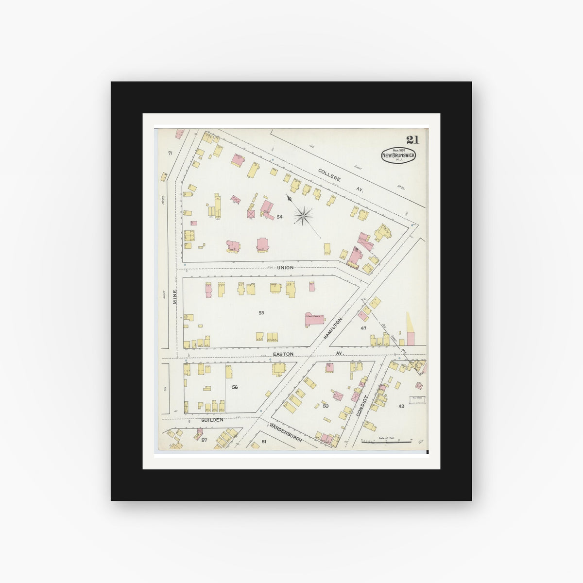 Old map wall art mockup — black gallery frame with white mat — Sanborn Fire Insurance Map from New Brunswick, Middlesex County, New Jersey (1892), Sheet #0021