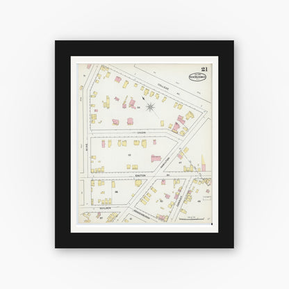 Old map wall art mockup — black gallery frame with white mat — Sanborn Fire Insurance Map from New Brunswick, Middlesex County, New Jersey (1892), Sheet #0021