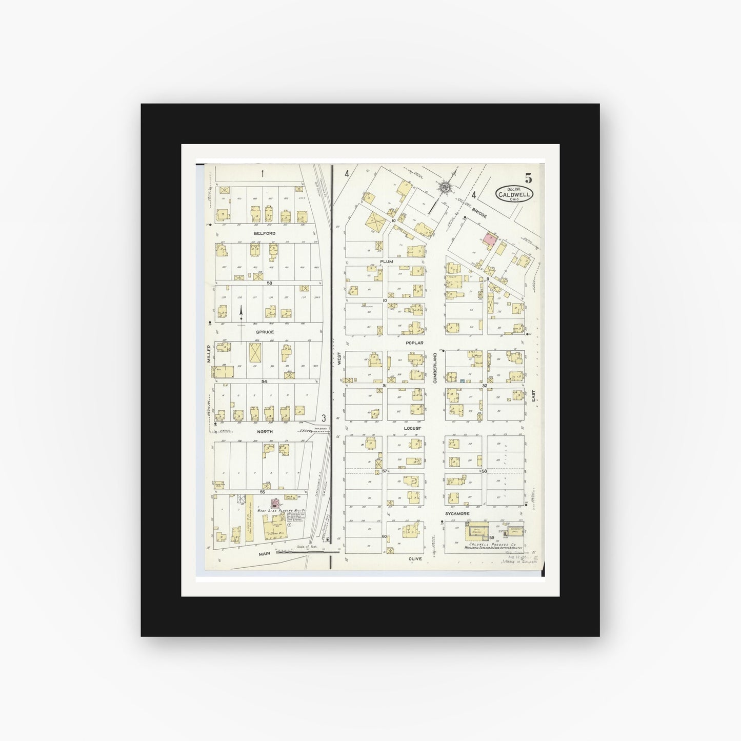 Old map wall art mockup — black gallery frame with white mat — Sanborn Fire Insurance Map from Caldwell, Noble County, Ohio (1911), Sheet #0005