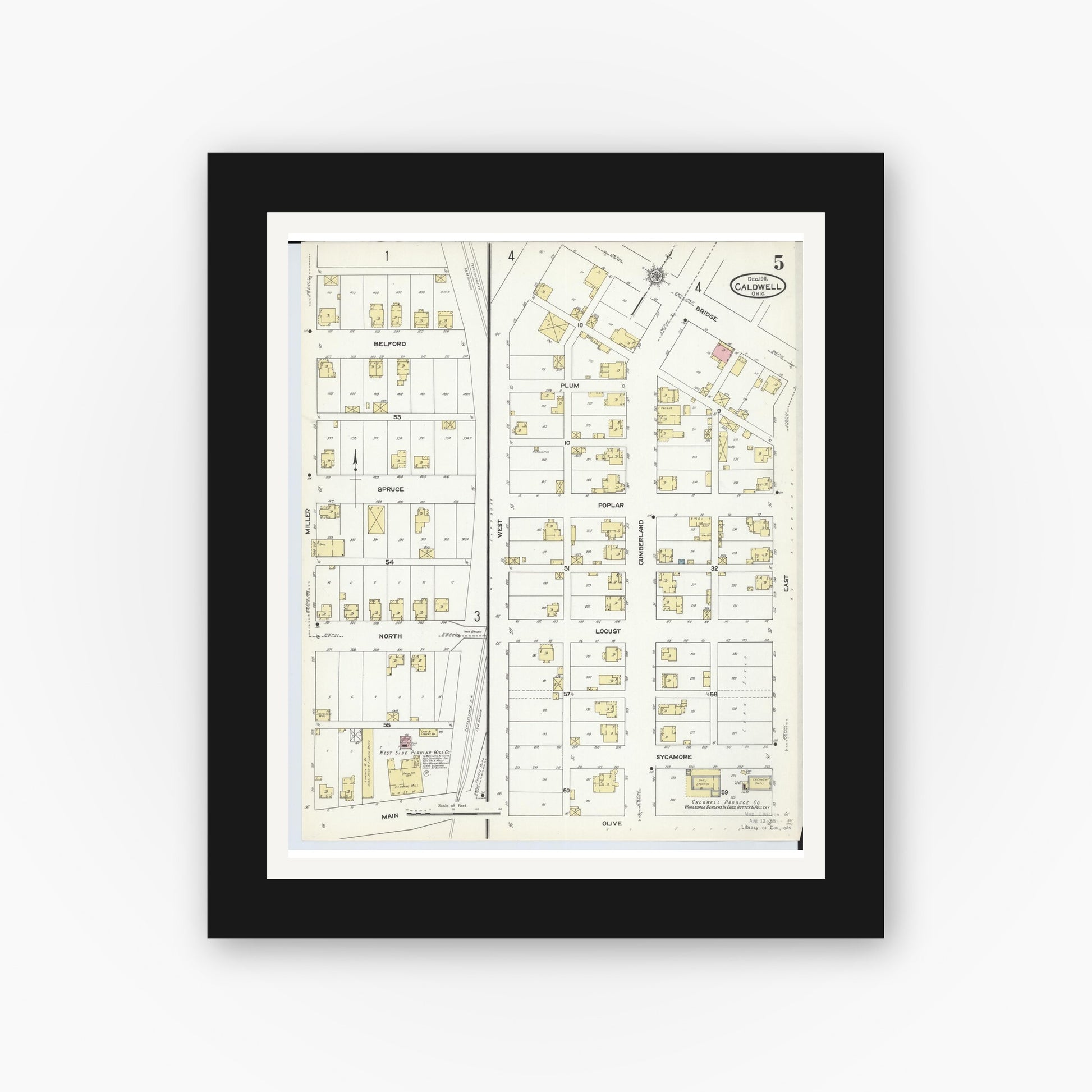 Old map wall art mockup — black gallery frame with white mat — Sanborn Fire Insurance Map from Caldwell, Noble County, Ohio (1911), Sheet #0005