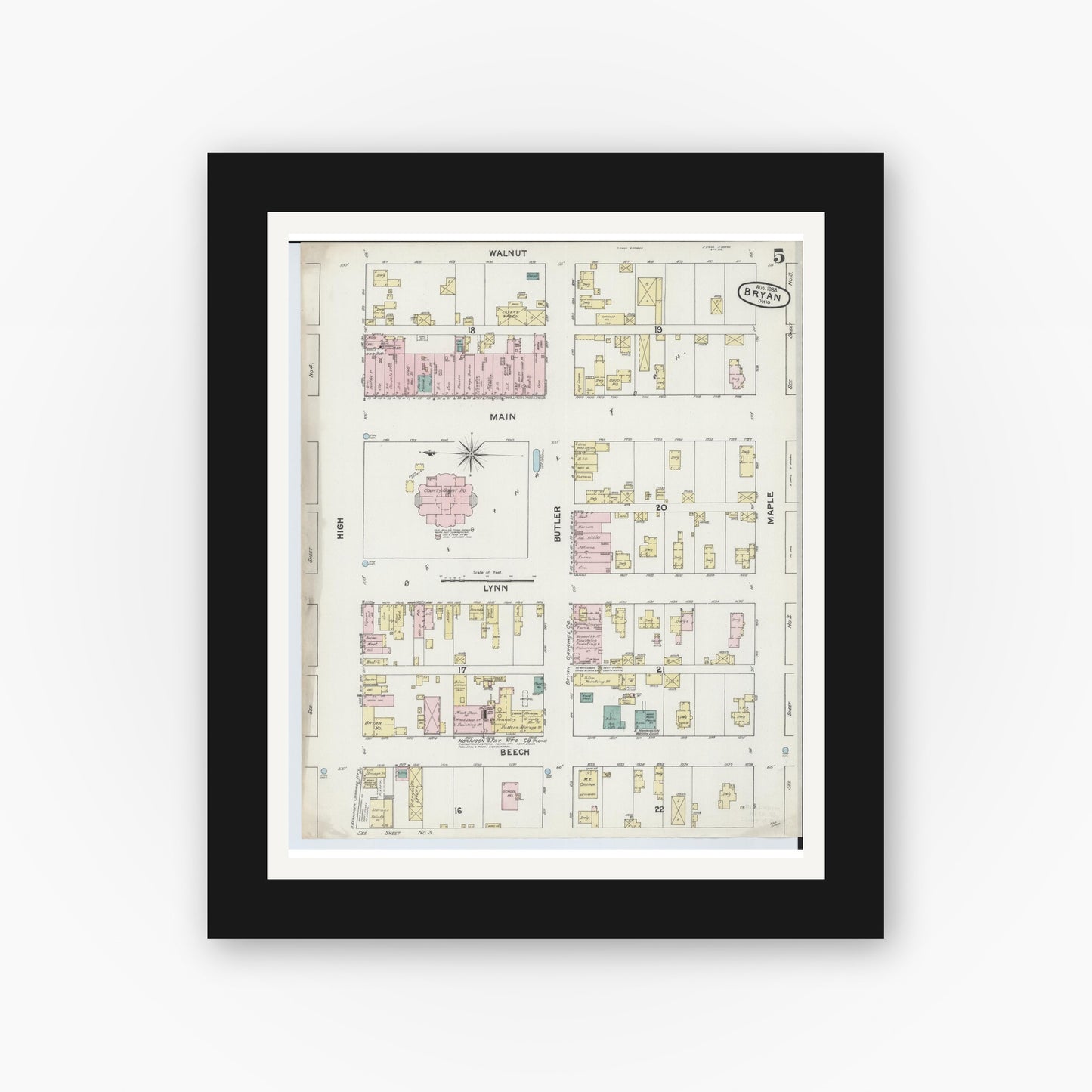 Old map wall art mockup — black gallery frame with white mat — Sanborn Fire Insurance Map from Bryan, Williams County, Ohio (1888), Sheet #0005