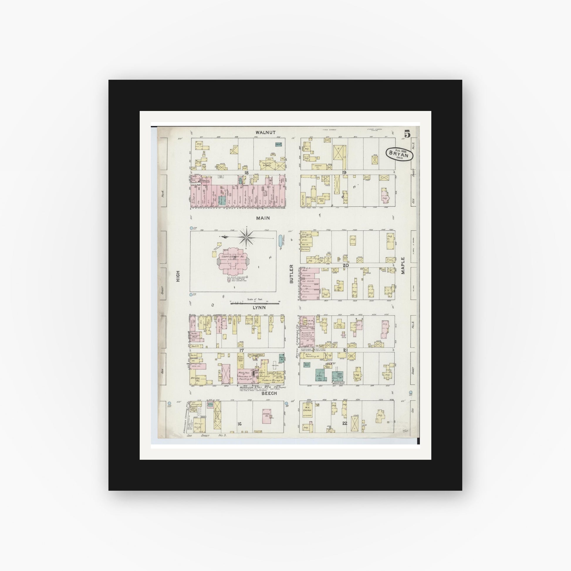 Old map wall art mockup — black gallery frame with white mat — Sanborn Fire Insurance Map from Bryan, Williams County, Ohio (1888), Sheet #0005