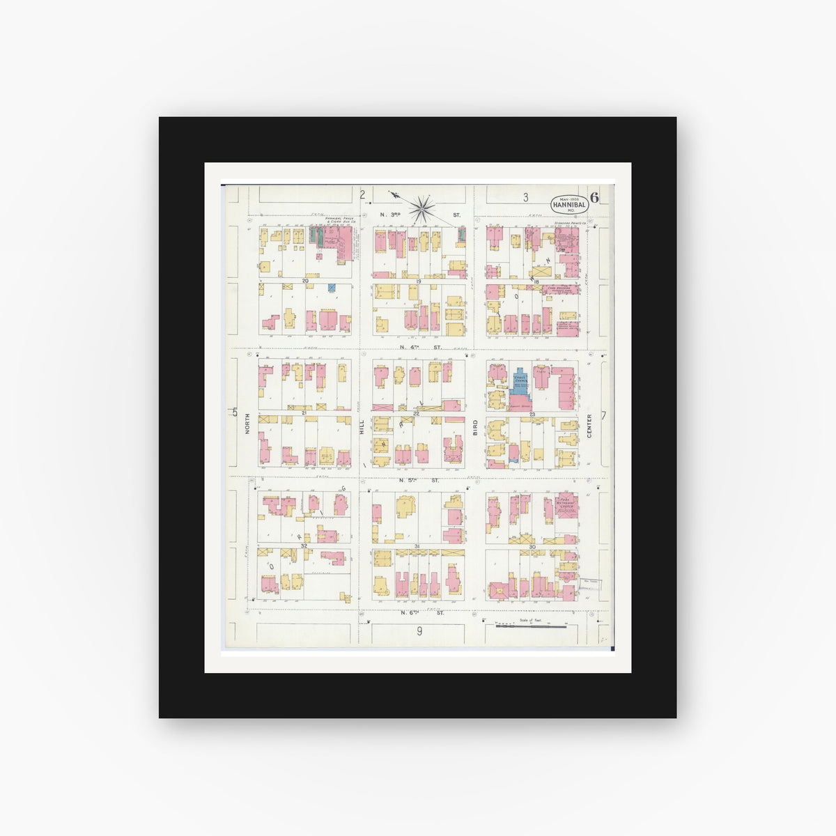 Old map wall art mockup — black gallery frame with white mat — Sanborn Fire Insurance Map from Hannibal, Marion County, Missouri (1906), Sheet #0006