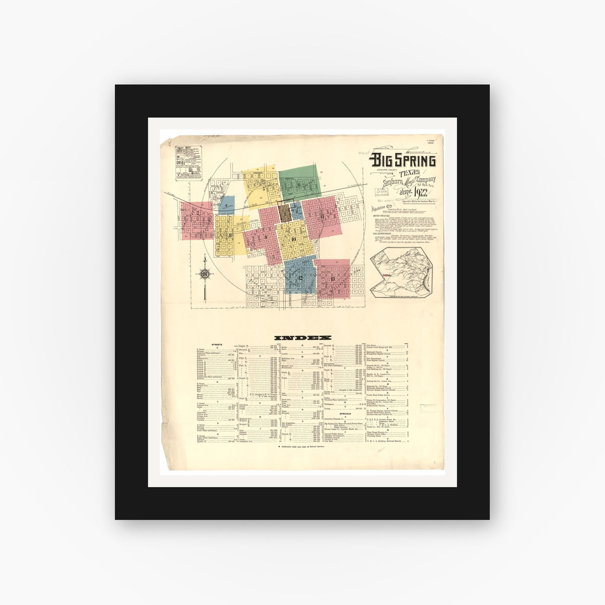 Old map wall art mockup — black gallery frame with white mat — Sanborn Fire Insurance Map from Big Spring, Howard County, Texas (1922), Sheet #0001