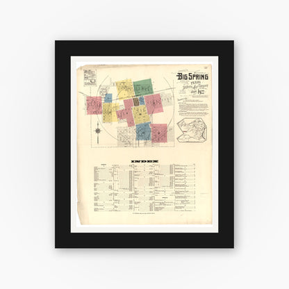 Old map wall art mockup — black gallery frame with white mat — Sanborn Fire Insurance Map from Big Spring, Howard County, Texas (1922), Sheet #0001