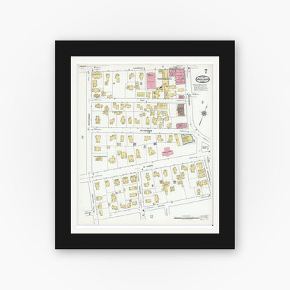 Old map wall art mockup — black gallery frame with white mat — Sanborn Fire Insurance Map from Marlborough, Middlesex County, Massachusetts (1920), Sheet #0007