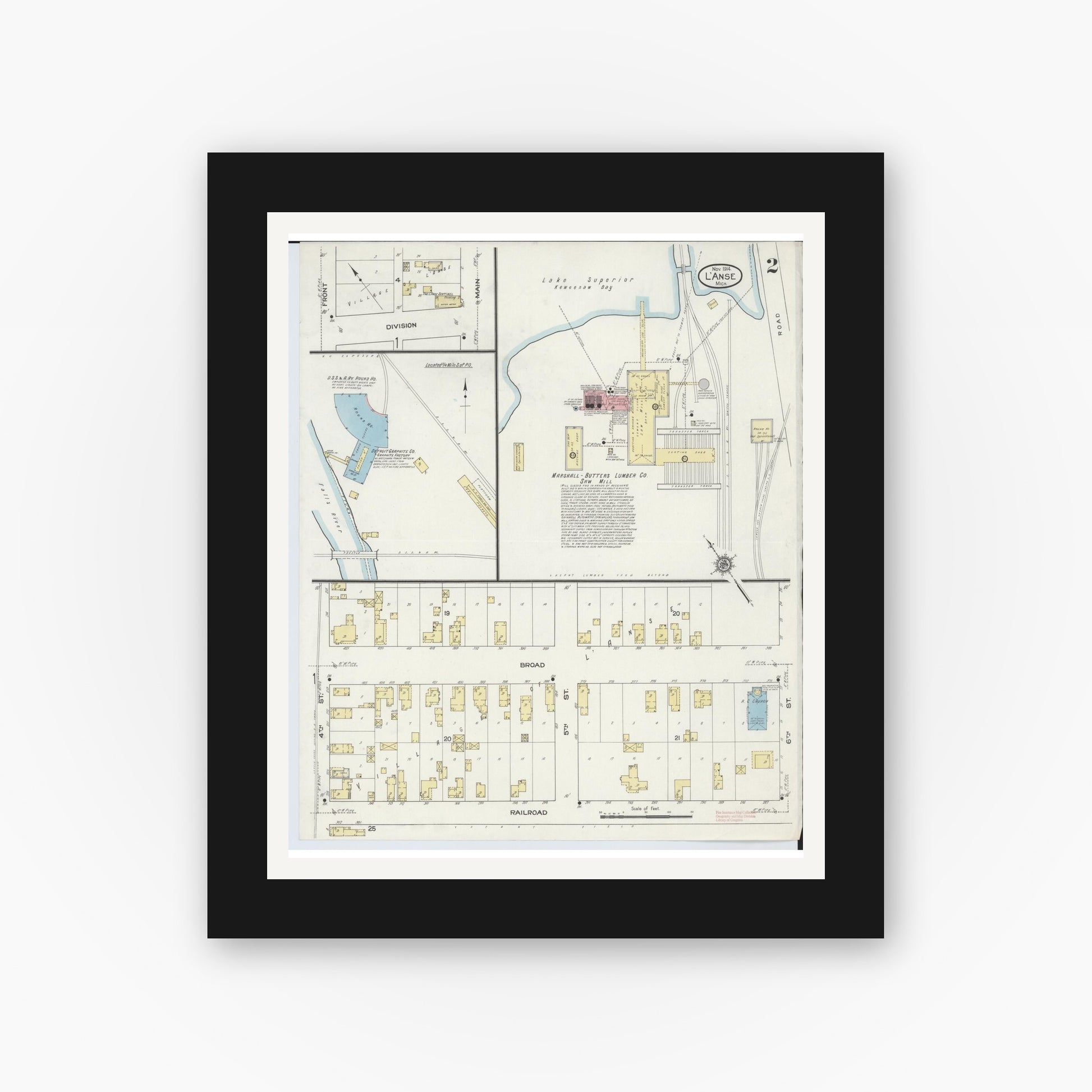 Old map wall art mockup — black gallery frame with white mat — Sanborn Fire Insurance Map from L'Anse, Baraga County, Michigan (1914), Sheet #0002