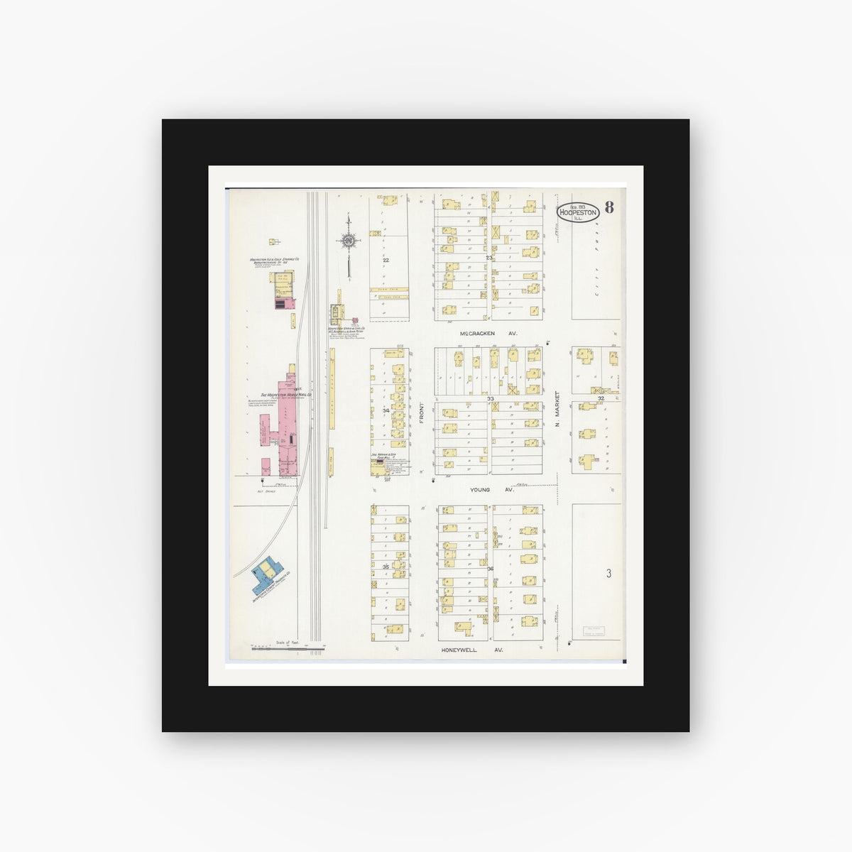 Old map wall art mockup — black gallery frame with white mat — Sanborn Fire Insurance Map from Hoopeston, Vermilion County, Illinois (1913), Sheet #0008