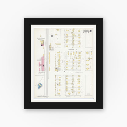 Old map wall art mockup — black gallery frame with white mat — Sanborn Fire Insurance Map from Hoopeston, Vermilion County, Illinois (1913), Sheet #0008