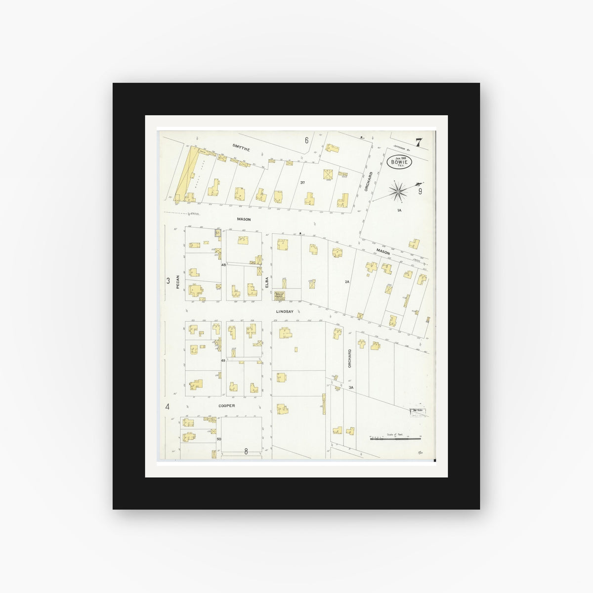 Old map wall art mockup — black gallery frame with white mat — Sanborn Fire Insurance Map from Bowie, Montague County, Texas (1908), Sheet #0007