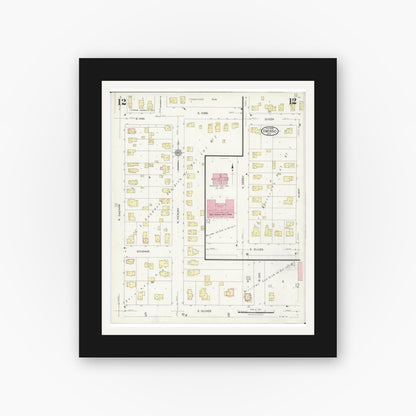 Old map wall art mockup — black gallery frame with white mat — Sanborn Fire Insurance Map from Owosso, Shiawassee County, Michigan (1924), Sheet #0012