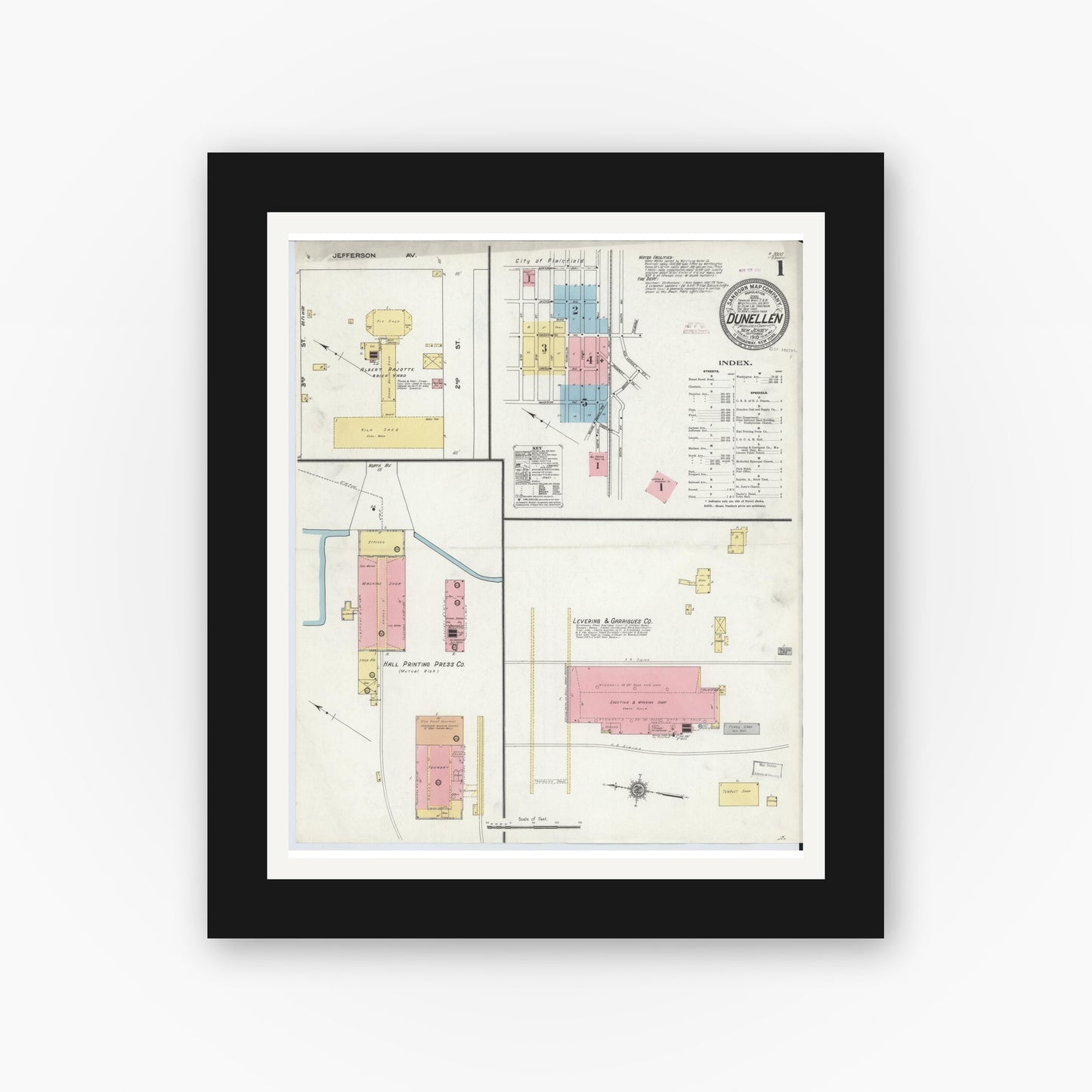 Old map wall art mockup — black gallery frame with white mat — Sanborn Fire Insurance Map from Dunellen, Middlesex County, New Jersey (1910), Sheet #0001