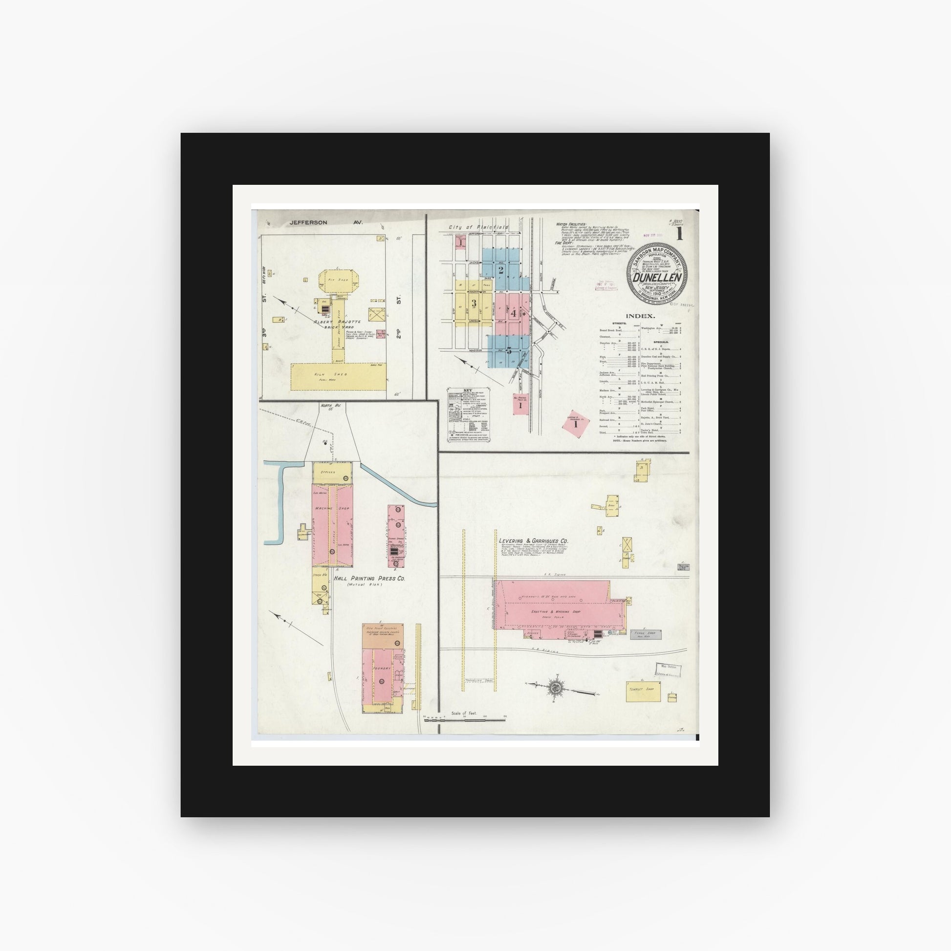 Old map wall art mockup — black gallery frame with white mat — Sanborn Fire Insurance Map from Dunellen, Middlesex County, New Jersey (1910), Sheet #0001