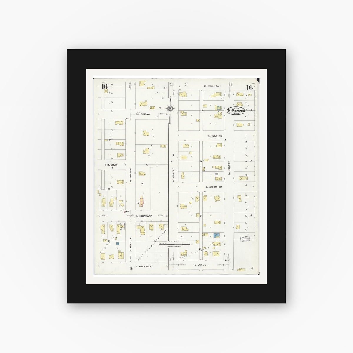 Old map wall art mockup — black gallery frame with white mat — Sanborn Fire Insurance Map from Mount Pleasant, Isabella County, Michigan (1924), Sheet #0016