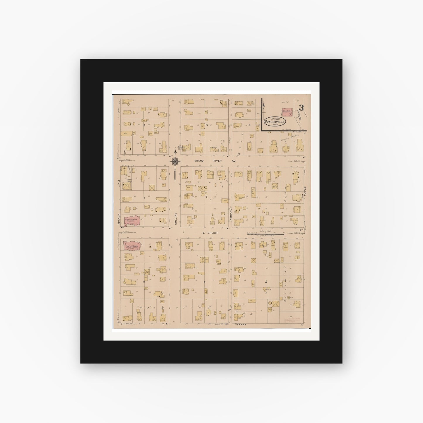 Old map wall art mockup — black gallery frame with white mat — Sanborn Fire Insurance Map from Fowlerville, Livingston County, Michigan (1922), Sheet #0003