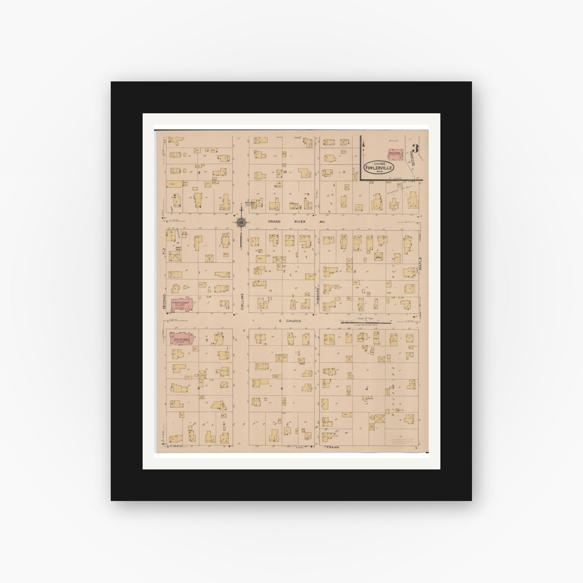 Old map wall art mockup — black gallery frame with white mat — Sanborn Fire Insurance Map from Fowlerville, Livingston County, Michigan (1922), Sheet #0003