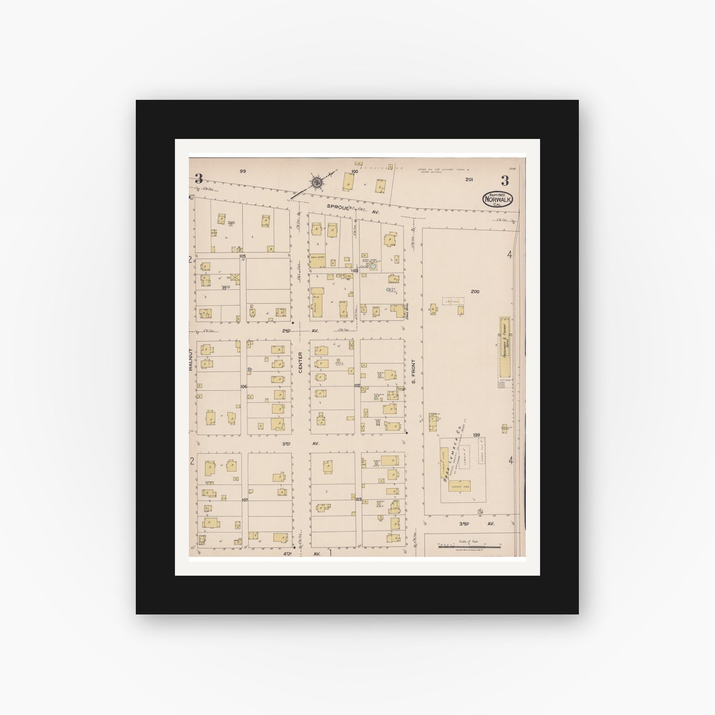 Old map wall art mockup — black gallery frame with white mat — Sanborn Fire Insurance Map from Norwalk, Los Angeles County, California (1922), Sheet #0003