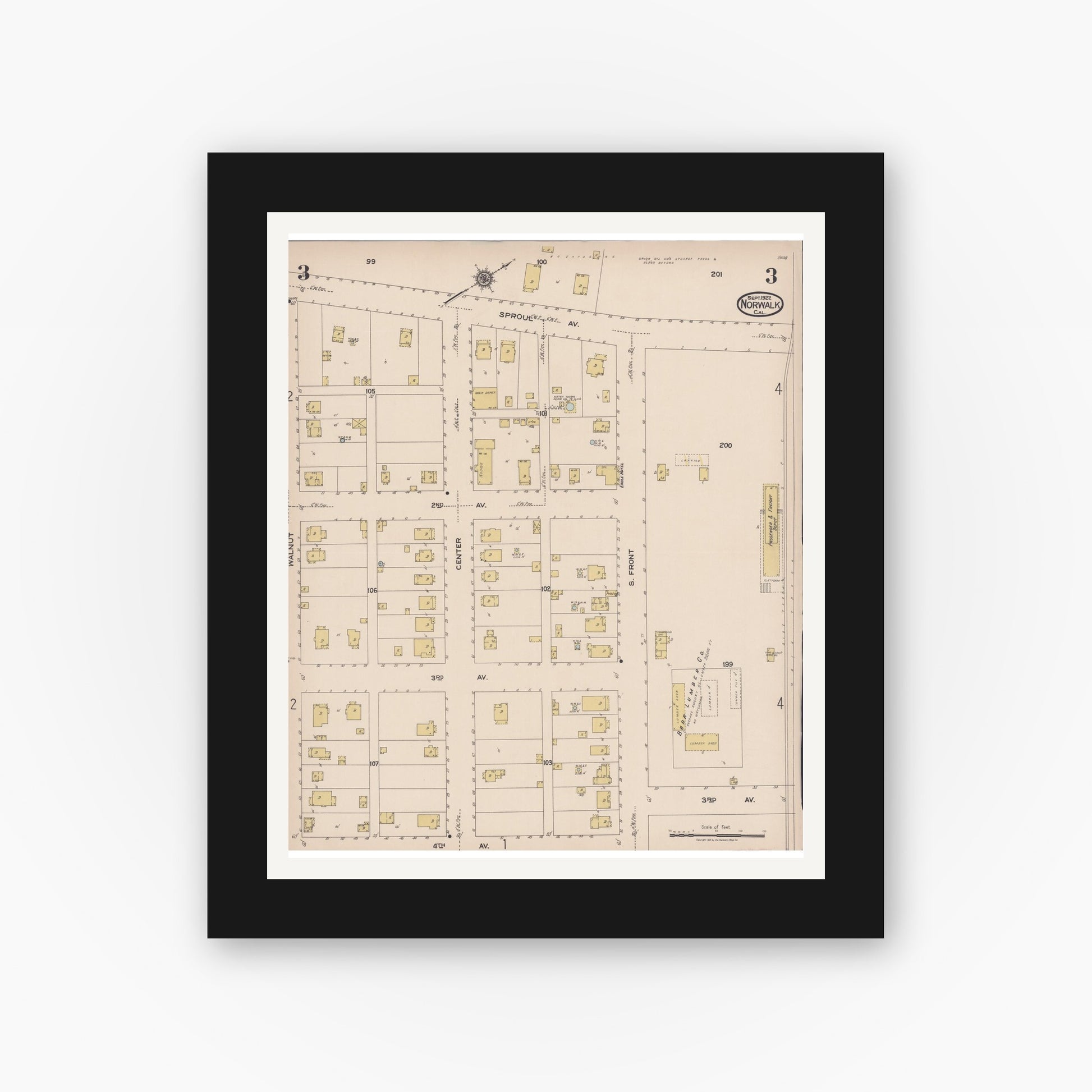 Old map wall art mockup — black gallery frame with white mat — Sanborn Fire Insurance Map from Norwalk, Los Angeles County, California (1922), Sheet #0003