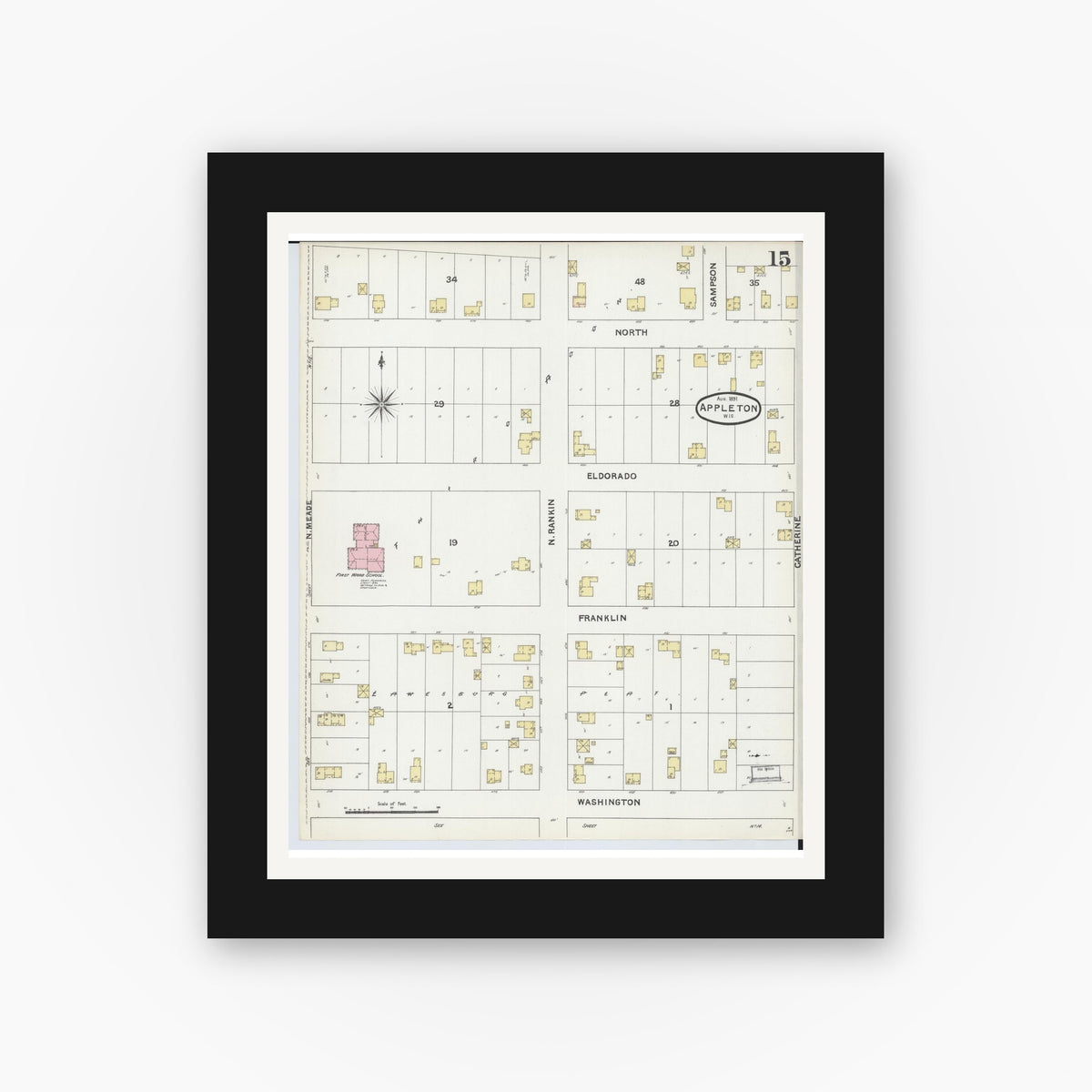 Old map wall art mockup — black gallery frame with white mat — Sanborn Fire Insurance Map from Appleton, Outagamie County, Wisconsin (1891), Sheet #0015