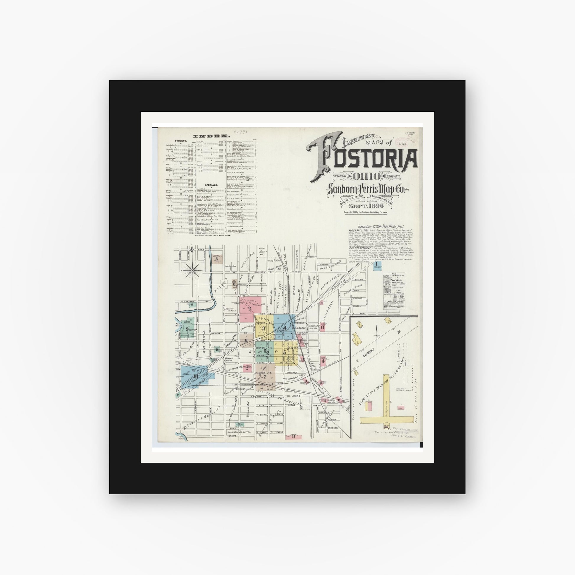 Old map wall art mockup — black gallery frame with white mat — Sanborn Fire Insurance Map from Fostoria, Seneca, Hancock, And Wood Counties, Ohio (1896) - Complete Map Set