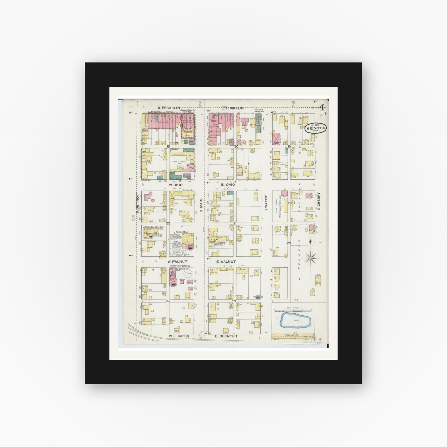 Old map wall art mockup — black gallery frame with white mat — Sanborn Fire Insurance Map from Kenton, Hardin County, Ohio (1892), Sheet #0004