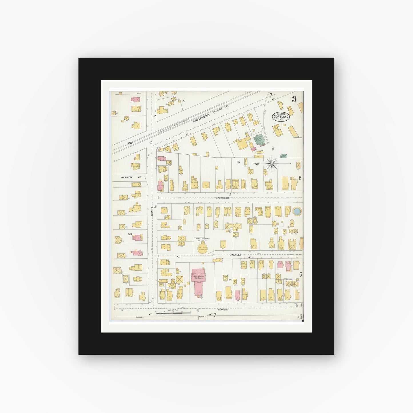 Old map wall art mockup — black gallery frame with white mat — Sanborn Fire Insurance Map from Cortland, Cortland County, New York (1902), Sheet #0003