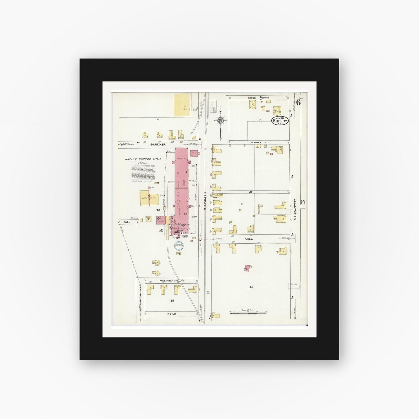 Old map wall art mockup — black gallery frame with white mat — Sanborn Fire Insurance Map from Shelby, Cleveland County, North Carolina (1921), Sheet #0006