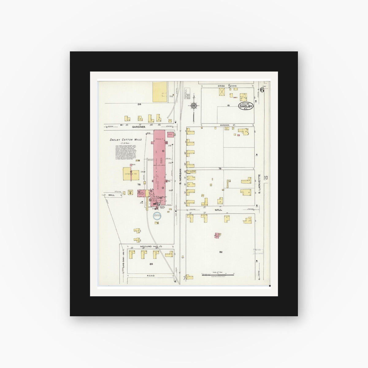 Old map wall art mockup — black gallery frame with white mat — Sanborn Fire Insurance Map from Shelby, Cleveland County, North Carolina (1921), Sheet #0006